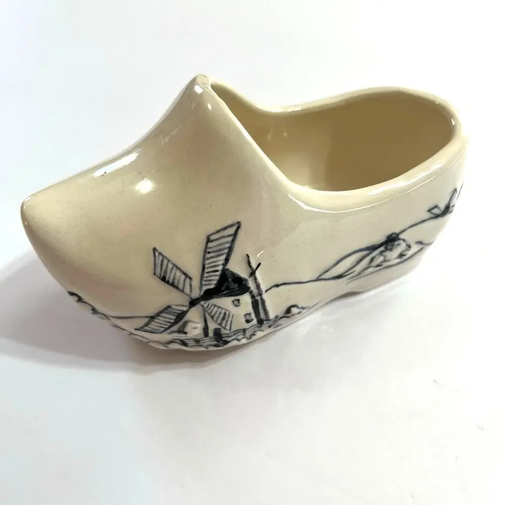 Vintage 1974 Delft Porcelain Clog Dutch Shoe Handmade Windmill Decor Cream Black